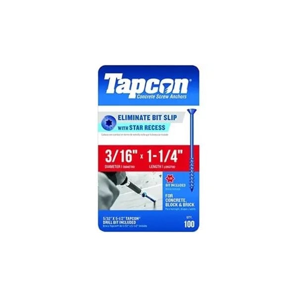 3/16-inch x 1-1/4-inch Climaseal Blue Flat Head T25 Concrete Screw Anchors w/Drill Bit, 100PK